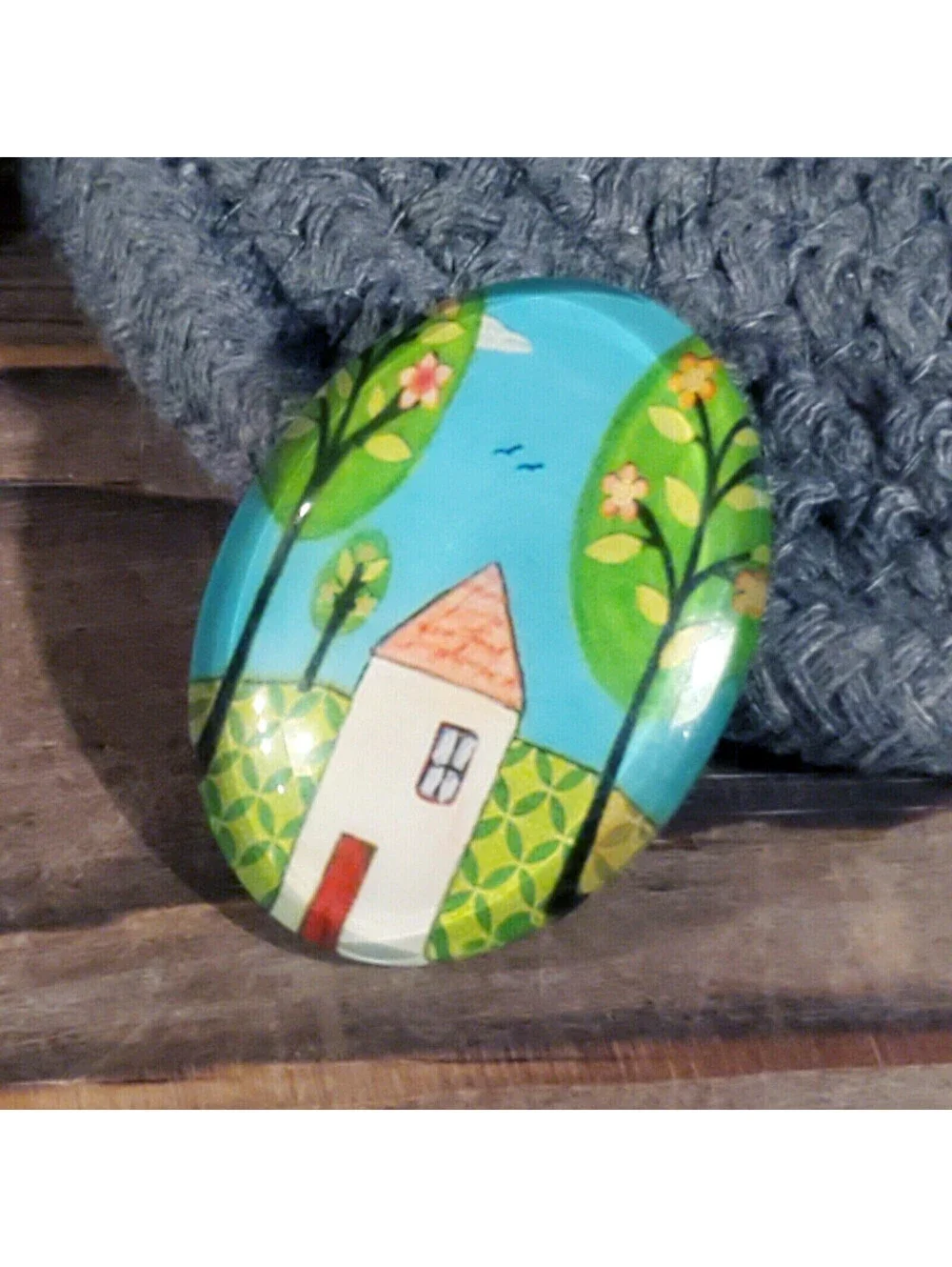 Handmade Trees and House 40x30mm Oval Tempered Glass Cabochon 6939-E